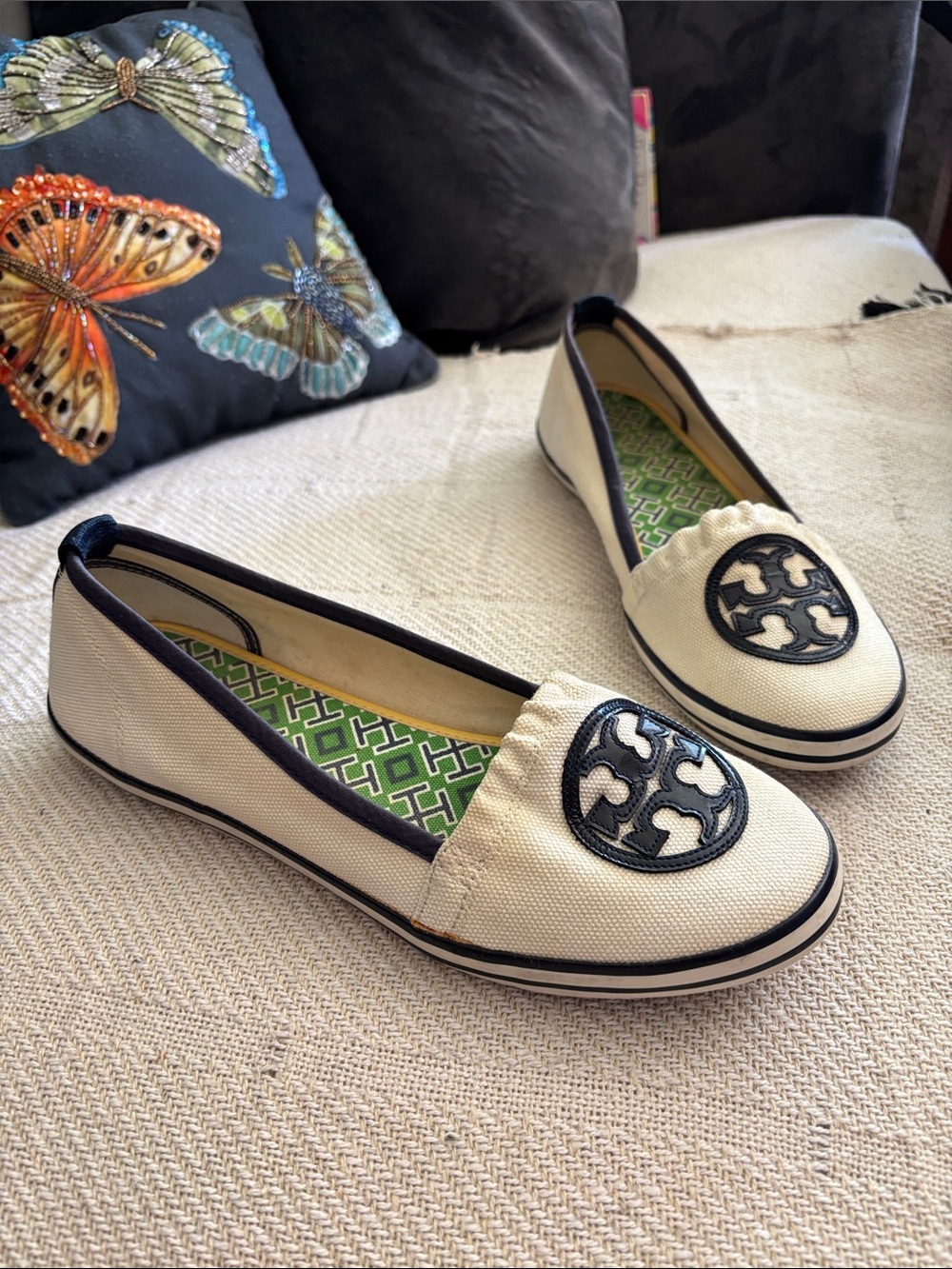 TORY BURCH Raymond SlipOn Sneaker Canvas Ivory Royal Navy Nautical Boat Shoe 11M